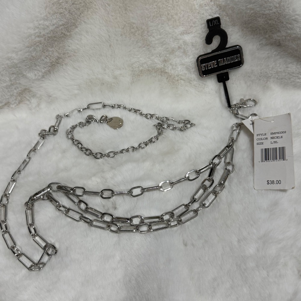 Steve Madden Silver Layered Chain Belt Nickel Multi Strand L/XL SMP83302 NWT